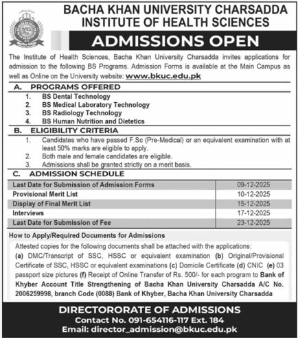 Admission notice for Bacha Khan University Charsadda